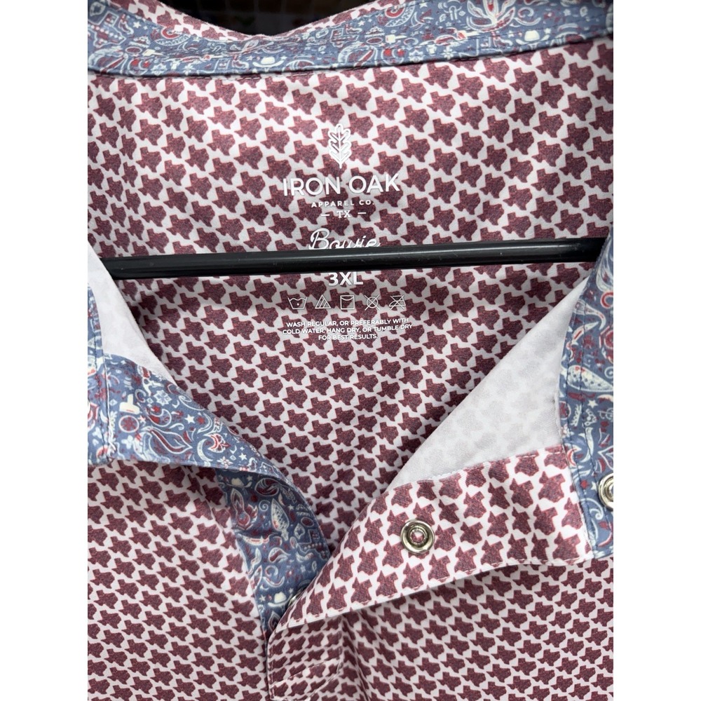 Iron Oak Shirt Mens 3XL Red Bowie Texas Print Polo Short Sleeve Pearl Snap - Picture 2 of 4